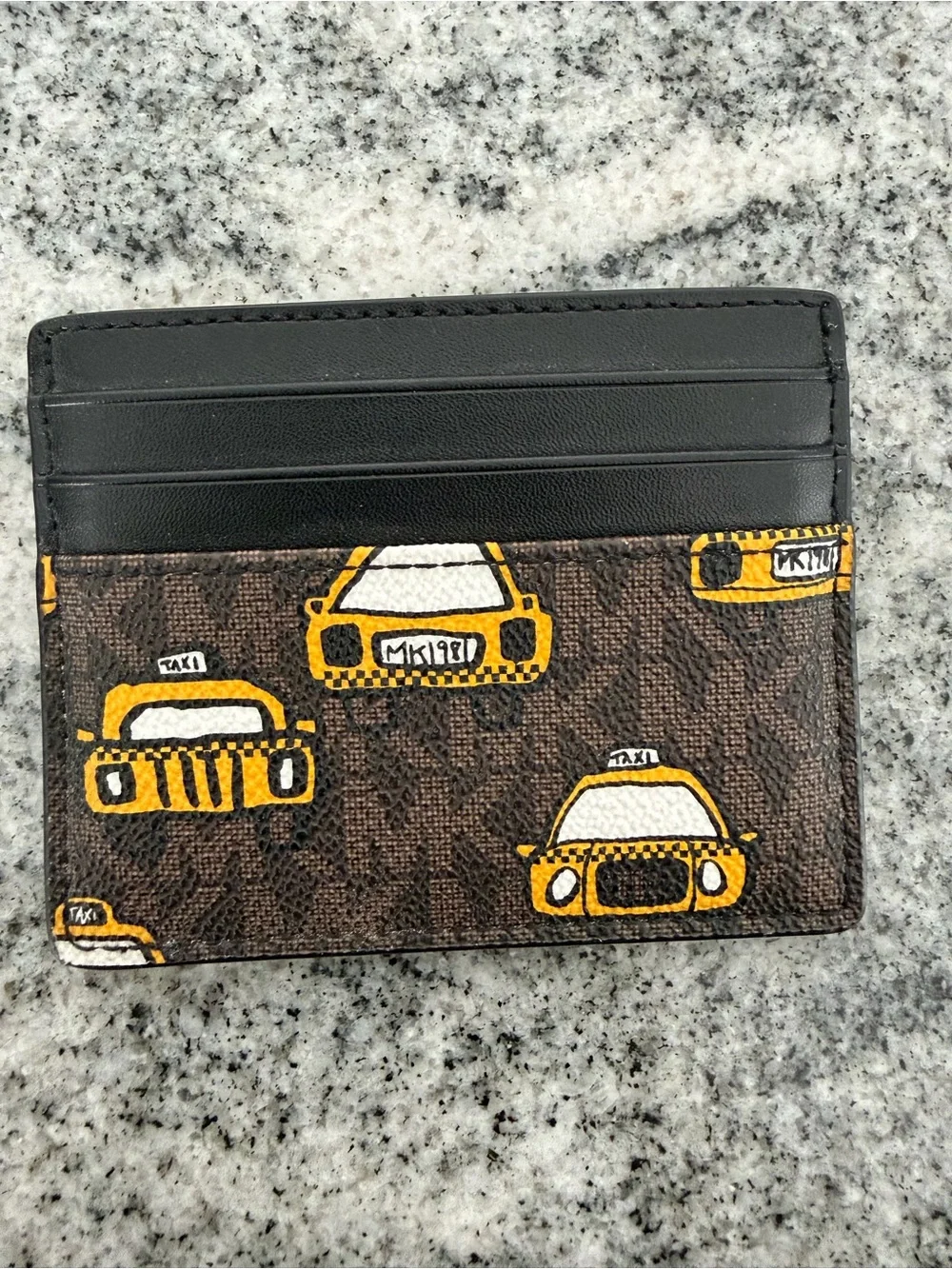 Michael Kors Black Leather & Brown Taxi-Print Card Case